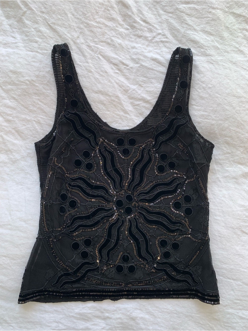 Vintage Giorgio Armani Sequin Velvet Pattern Sleeveless Tank Cami Top Black